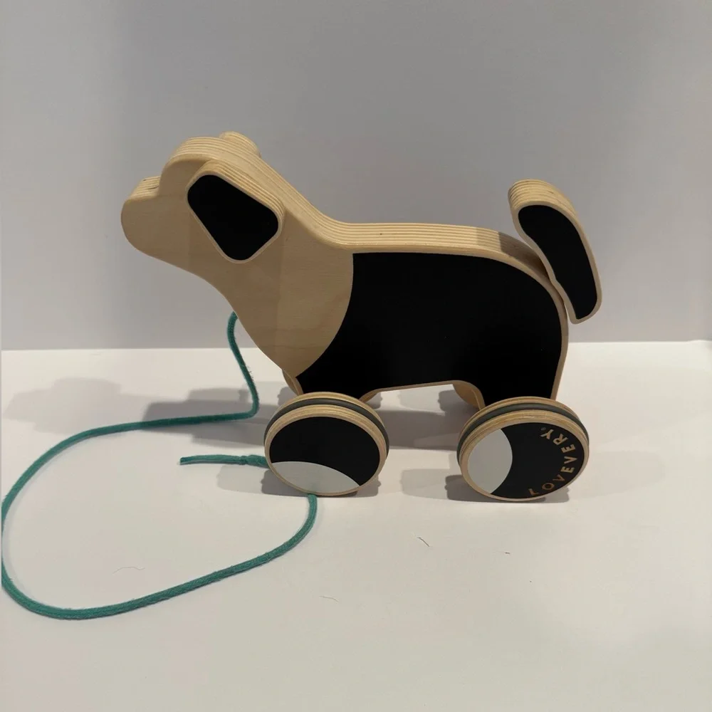LOVEVERY |The Pull‎ Pup | Wooden Push Pull Toy, Black/White/Natural Wood toddler